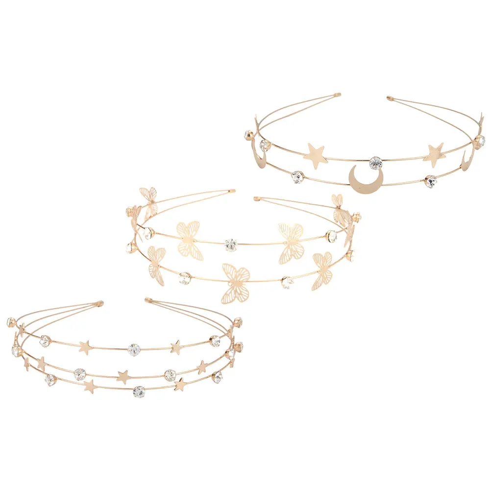 

3Pcs Metal Stars Moon Headband Fashion Style Rhinestone Hair Accessory for Women Crystal Headband Bridal Hair Hoops