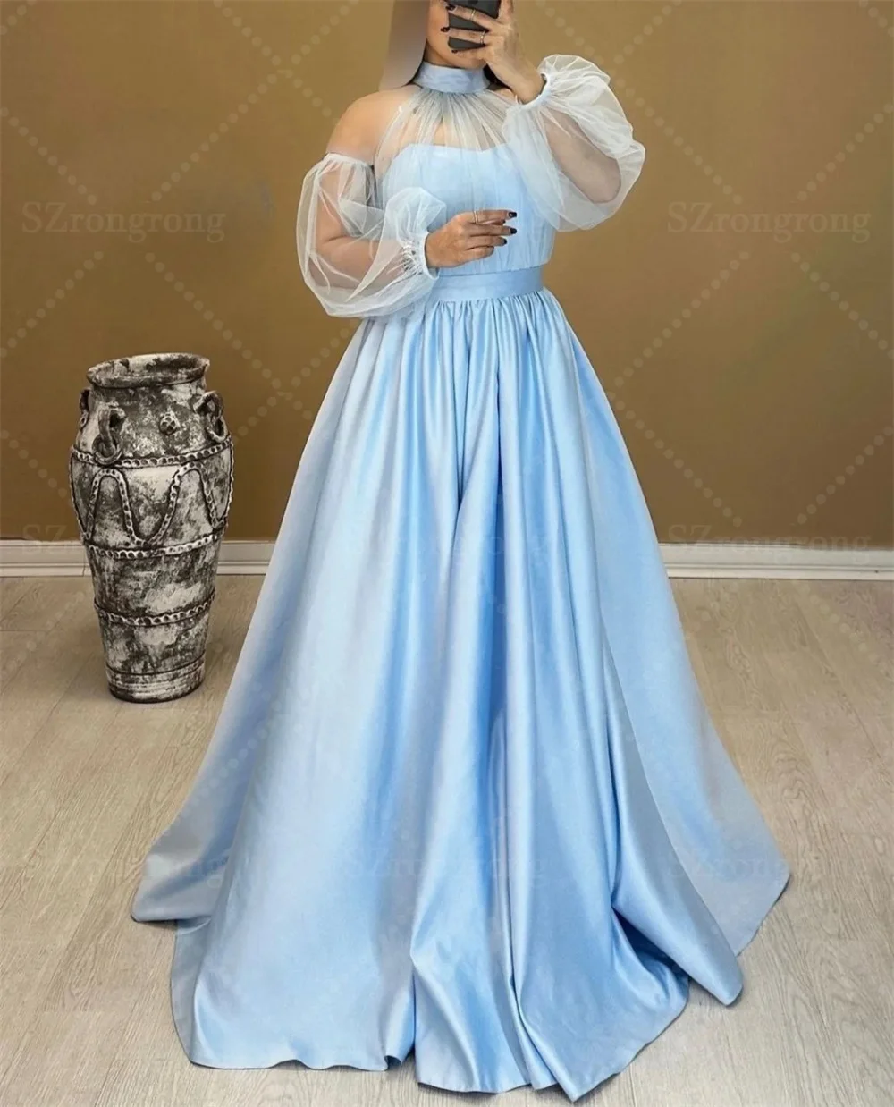 فستان سهرة زفاف حديث مصنوع حسب الطلب برقبة سكوب وثنيات بطول الأرض بدون ظهر للحفلات الراقصة مع ذيل رداء السهرة #3