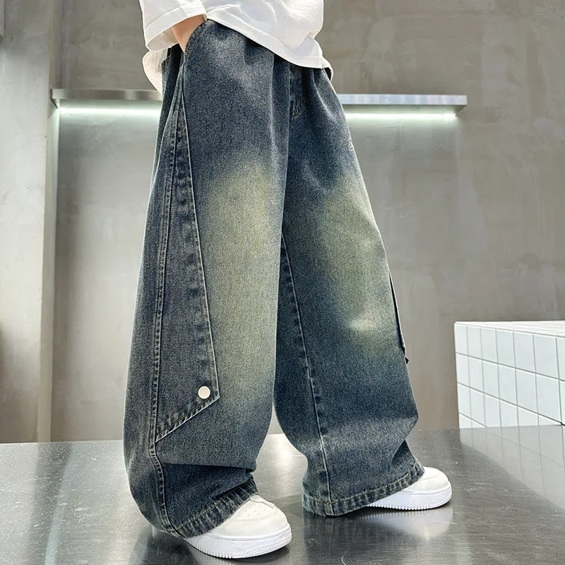 

Прямые джинсы для мальчиков с буквенным узором для больших детей, осенние широкие брюки на пуговицах для мальчиков от 5 до 14 лет, разноуровневый дизайн