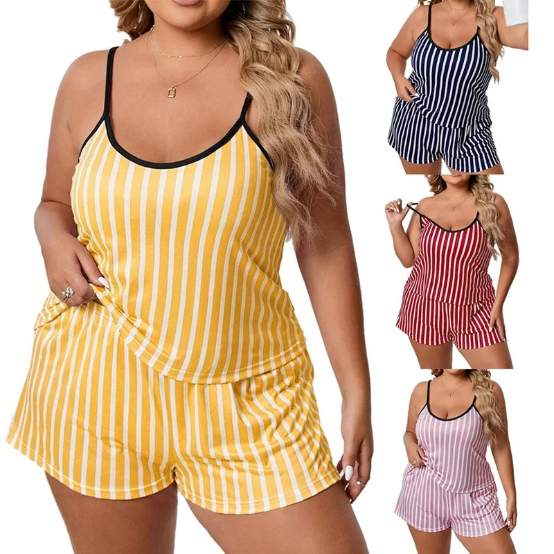 

Женский полосатый пижамный комплект, лето-осень, домашняя одежда без рукавов, двухсекционные шорты на бретелях, большие размеры