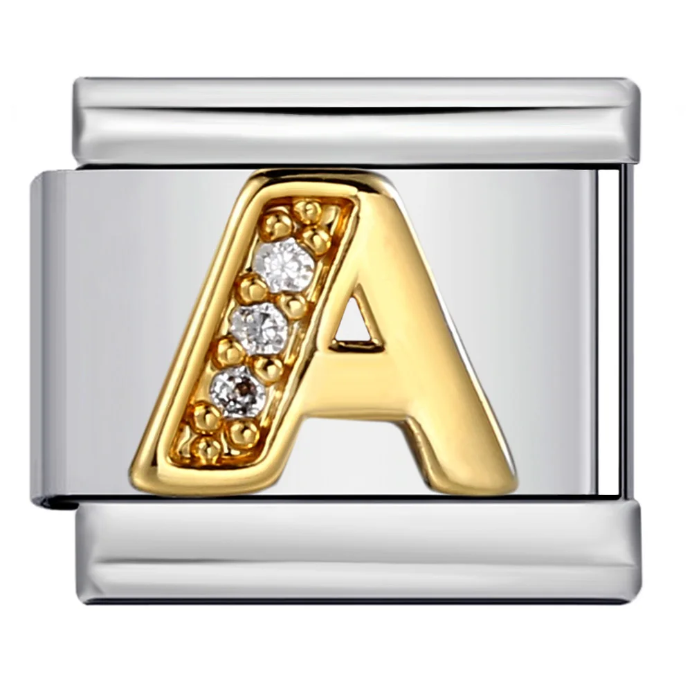 New Fashion A-Z 26 Letter Gold Color Inlaid Zirconia Italian Charm Link Fit 9mm Stainless Steel Bracelet Making DIY Jewelry