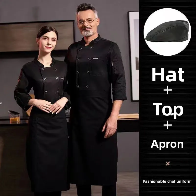 New Chef's Clothing Set Wholesale, Hotel Back Kitchen Autumn and Winter Long-sleeved Short-sleeved Overalls Apron Hat