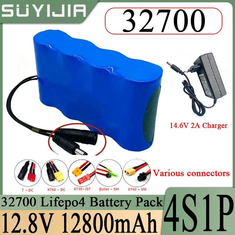 32700 12V 12800mAh LiFePO4 Rechargeable Battery Pack Built-in 40A Same Port Balanced BMS 4S1P 12.8V Power Supply + 14.6V Charger