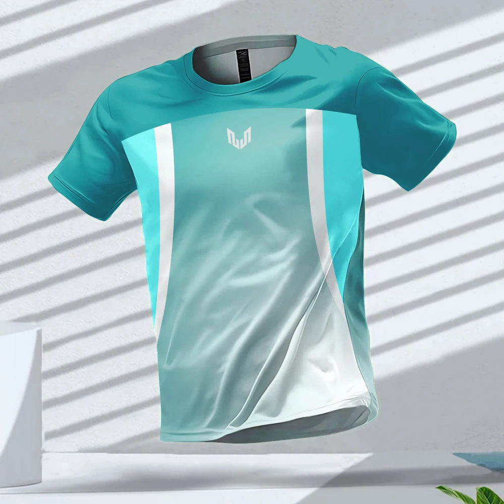 Camiseta deportiva para hombre, camiseta de manga corta de secado rápido, transpirable, con estampado de rayas degradadas, ropa para correr y