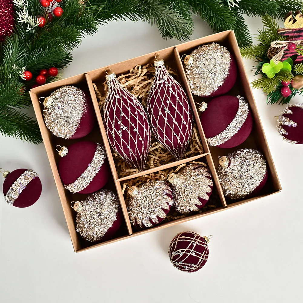 8 Cm 10pcs/set Wine Red Dark Green Christmas Ball  Special Shaped Flocking Christmas Ball Burgundy Dark Green Pendant Christmas