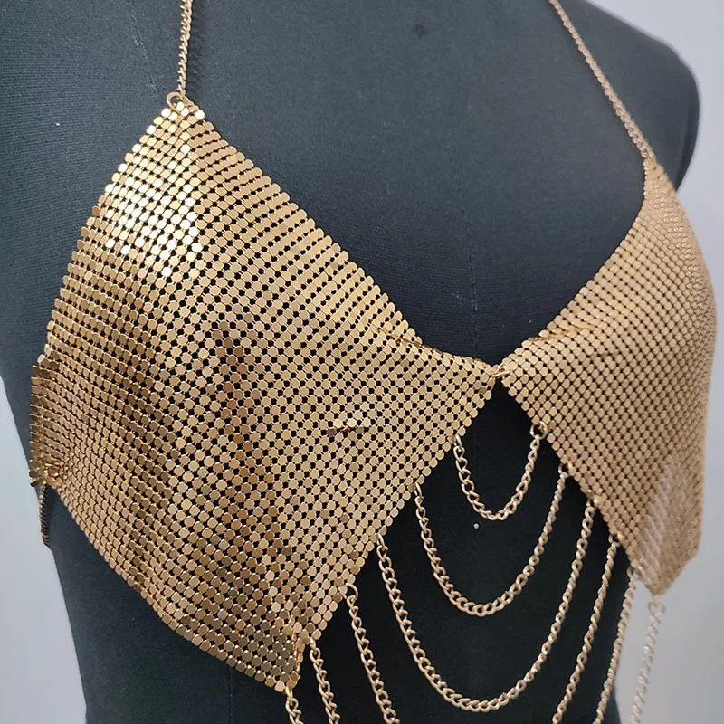 Skl 000198   Gilet con catena in metallo multistrato per feste, canotta seducente senza schienale, abbigliamento accessorio da donna, reggiseno alla moda
