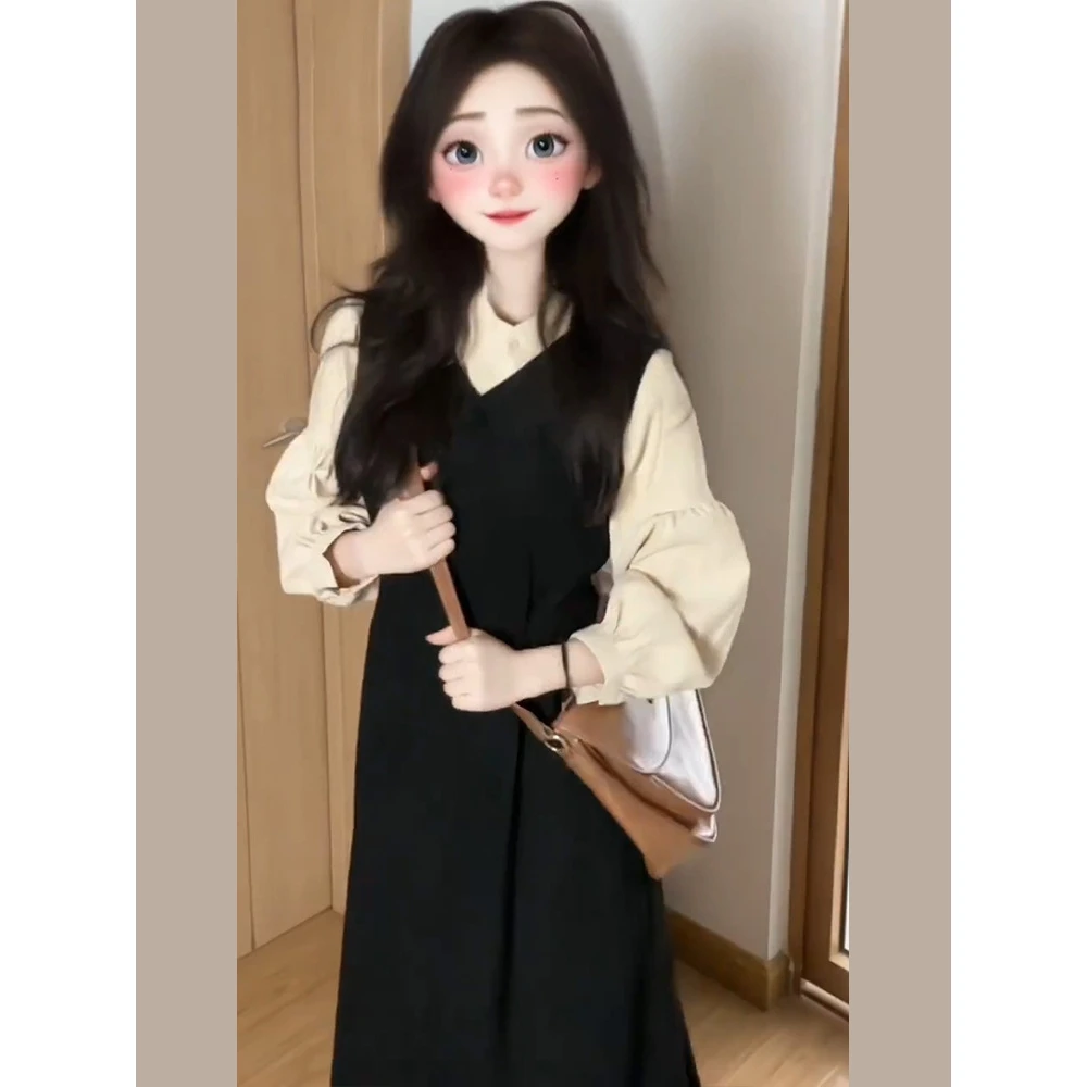 

New Arrival College Sle Plaid Dr And Blouse Set for Women Early Autumn Faion Long Skirt High Waist Bubble Sve