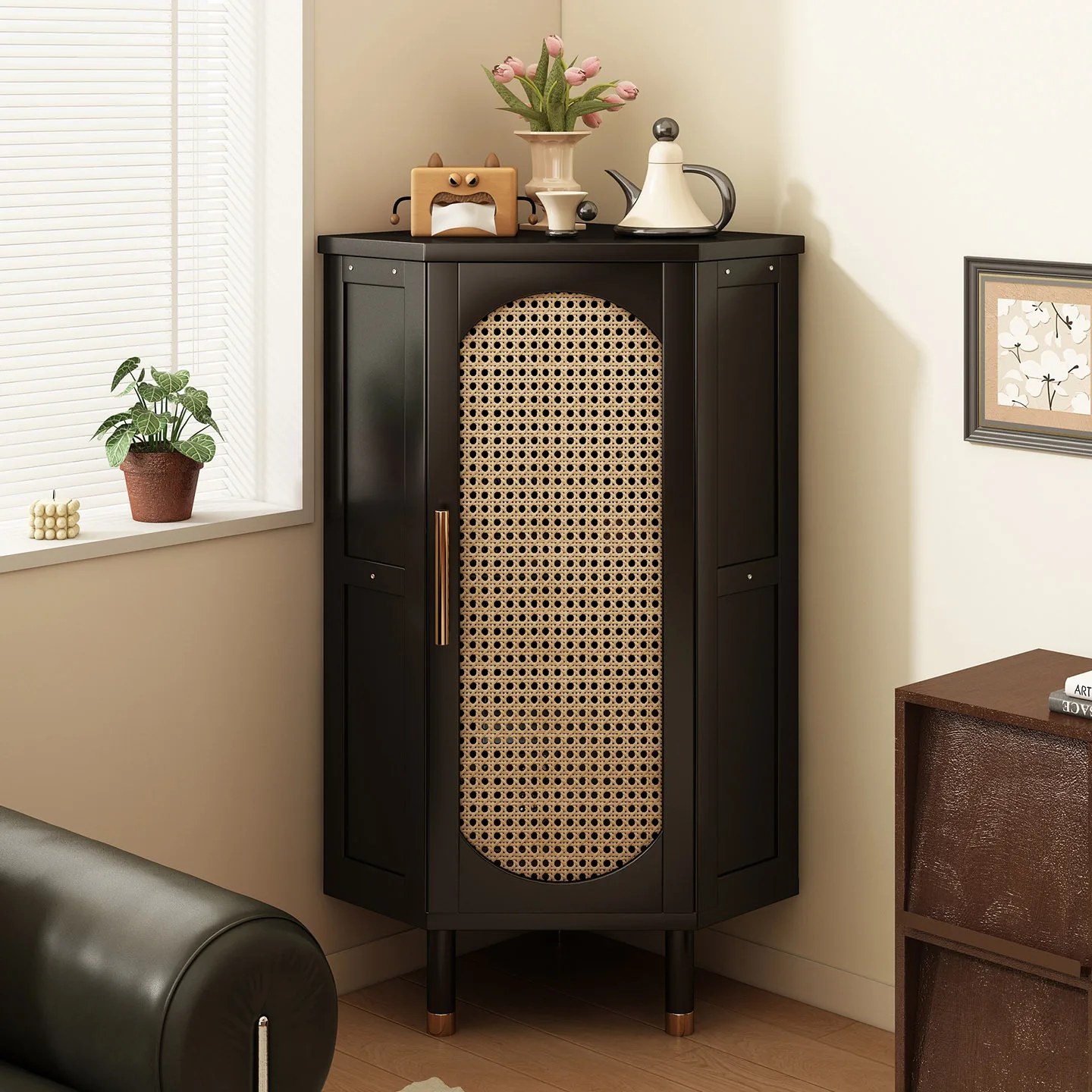 Corner Cabinet Retro Rattan Triangular Cabinet Household Living Room Corner Locker Multi-layer Low Cabinet Storage Locker