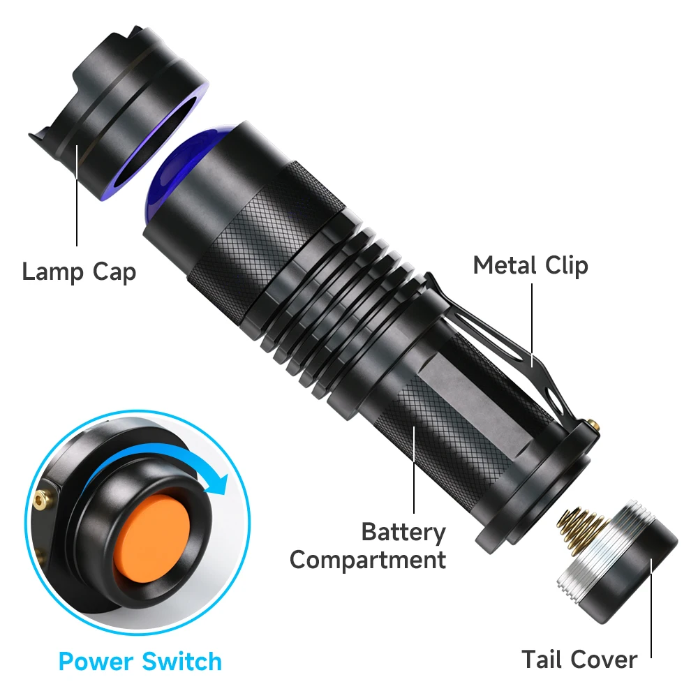 Mini linterna LED UV ZK30, luz negra de 395nm, longitud de onda, luz violeta, Zoomable, escorpión de orina para mascotas, Detector femenino