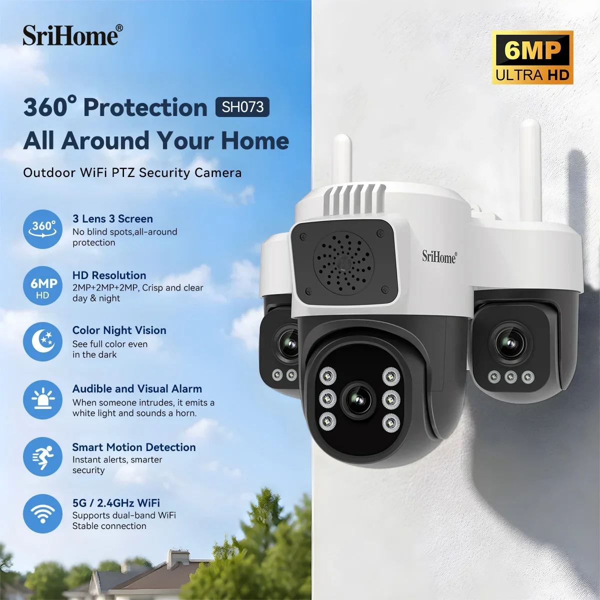 SriHome 6MP 3 Lens 2.4/5G WIFI Surveillance Camera 3X electronic zoom PTZ Smart Home Human Tracking Wireless Outdoor CCTV Camera