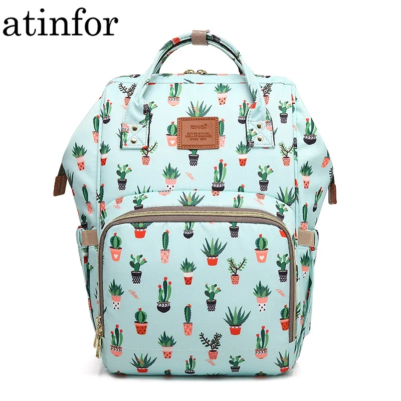 atinfor Brand Green Cactus Diaper Backpacks Women Bag Large Capacity Waterproof Travel Backpack Nursing Nappy Bags for Mom