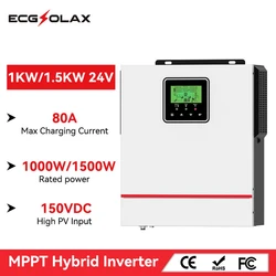 inversor hibrido off grid, ECGSOLAX inversor solar híbrido, inversor híbrido de onda senoidal pura, controlador de carga solar MPPT 80A, Max PV 150VDC, 1kW, 1.5kW, 12V, 220V, inversor híbrido 12v 24v