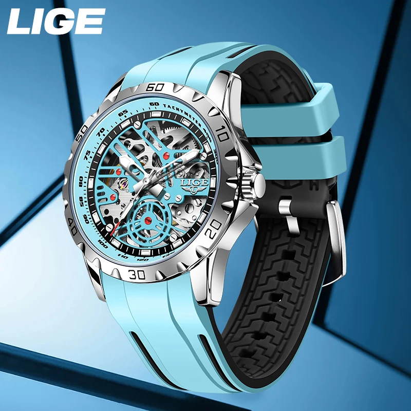 LIGE Fashion Business Mechanical Man Watch Casual Sport Waterproof Silicone Skeleton Tourbillon Luminous Clock Automatic Watches