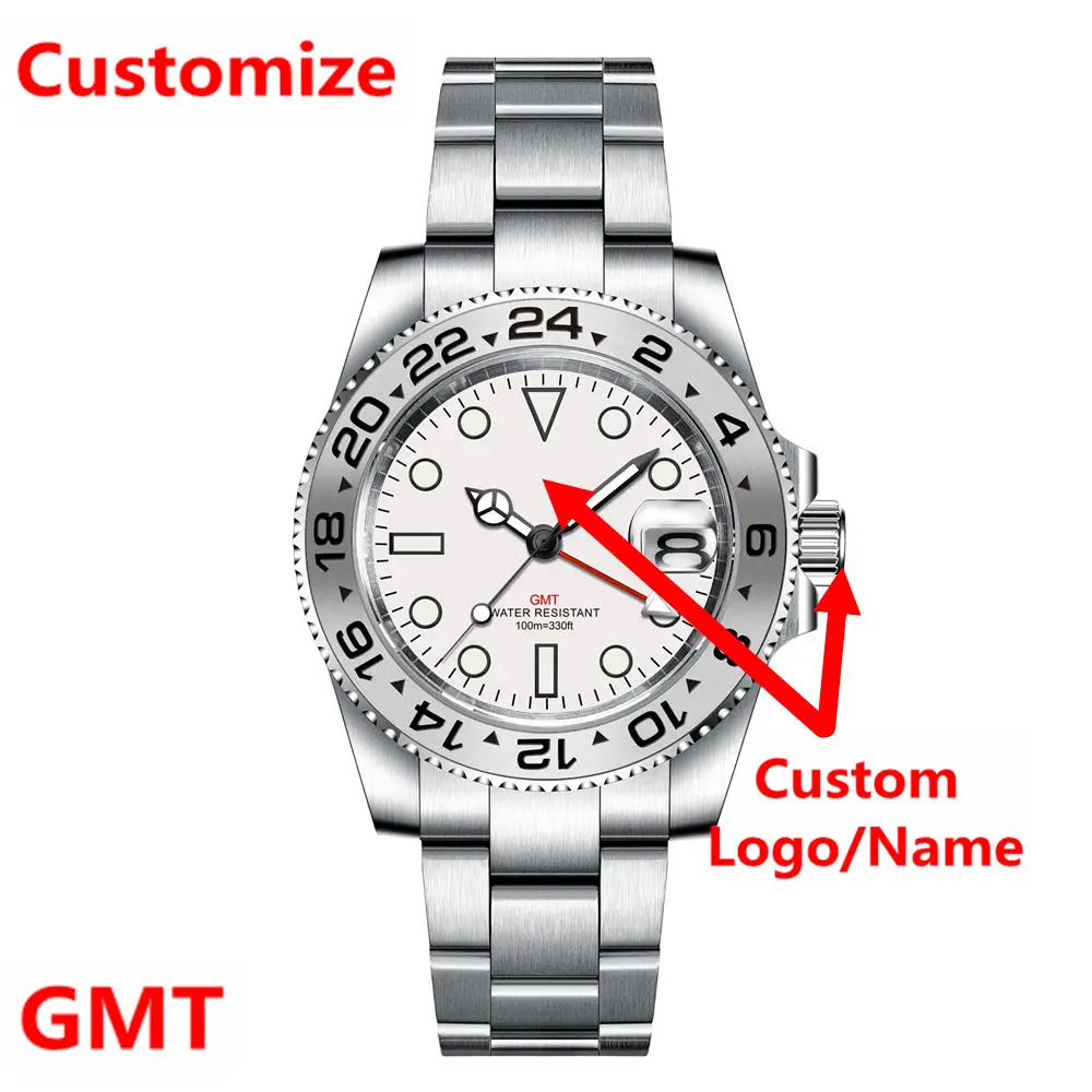 Custom GMT  Quartz Watch White Dial Luxury 40mm Mechanical Wristwatches for Men Waterproof Luminous Reloj Sapphire Glass Clock
