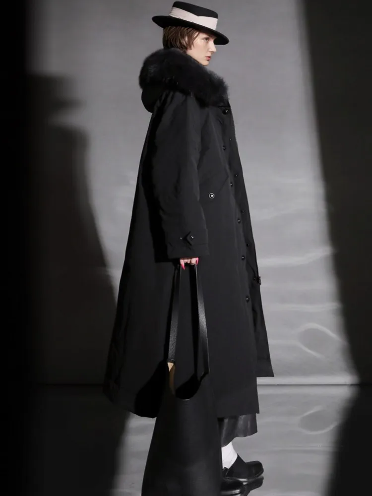 Winter Women Hooded Coat Single Breasted Medium Long Casual Overcoat High Street Fashion Goose Down Warm For Collar Cargo Jacket