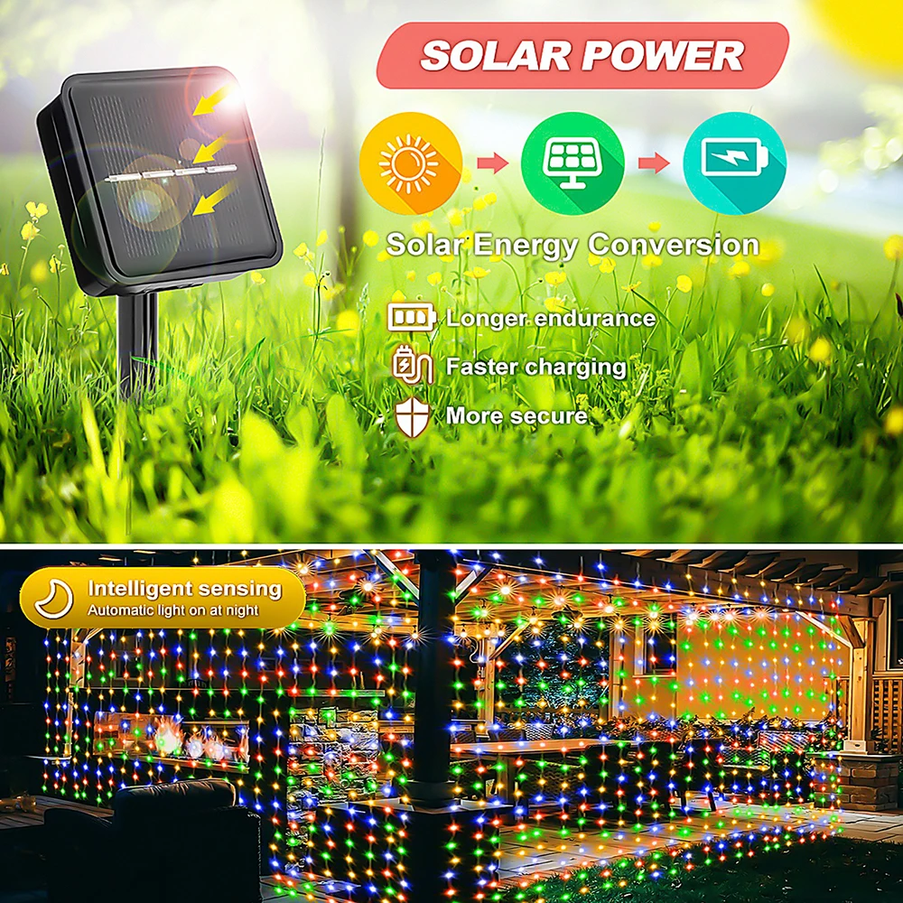 Tenda solare con 8 modalità, stringa di luce fata per gazebo da giardino, feste, festival, matrimoni, decorazioni natalizie di Halloween