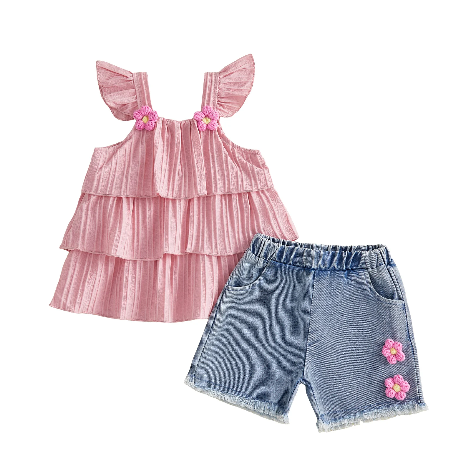 

Girls Floral Print Ruffle Sleeve Top and Ripped Denim Shorts Set for Summer Beach Vacation Outfits