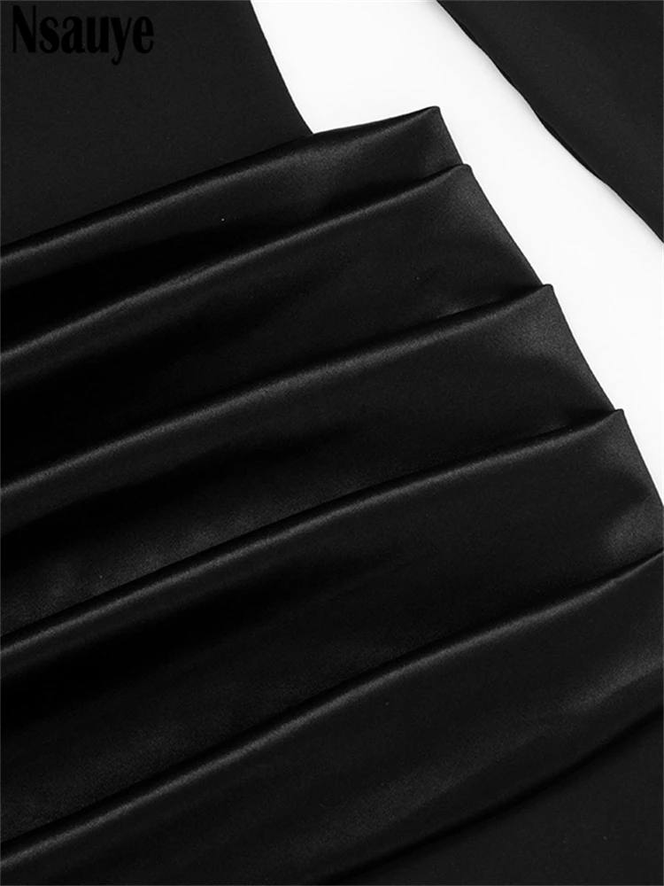 Nsauye مساء مثير حفلة المرأة فستان قصير الساتان المرقعة 2025 موضة أنيقة كلوبوير عادية الياقة المدورة فستان بكم طويل