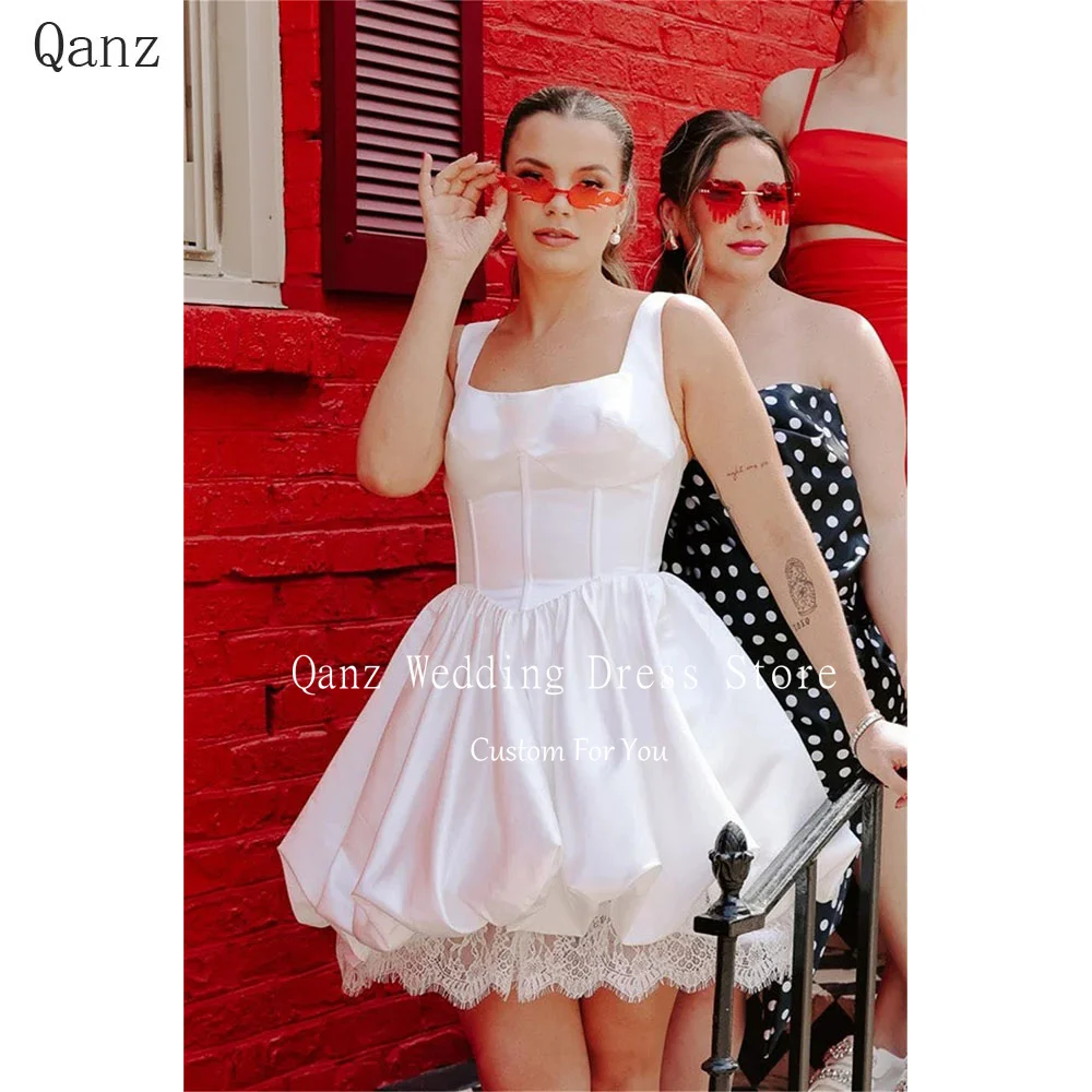 

Qanz Mini Princess Wedding Party Dresses White Satin Spaghetti Straps Lace Bridal Gowns Corset Customized Vestido De Novia Boda