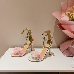 Wedding Shoes 2025 New Pink Countryside Chiffon Flower Fantasy High Heels, Straight Vine Strap Sandals for Women