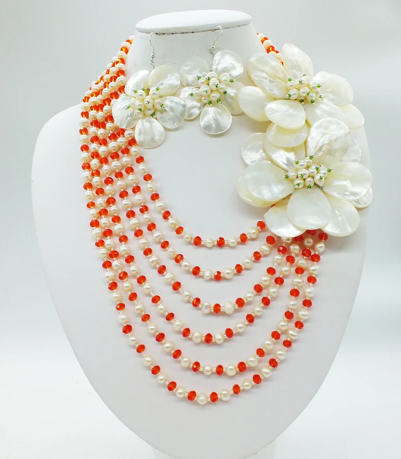 Classic fashion! Freshwater Pearls. Crystal 6 rows of hand-woven flower necklaces. African Bridal Wedding Necklace Set