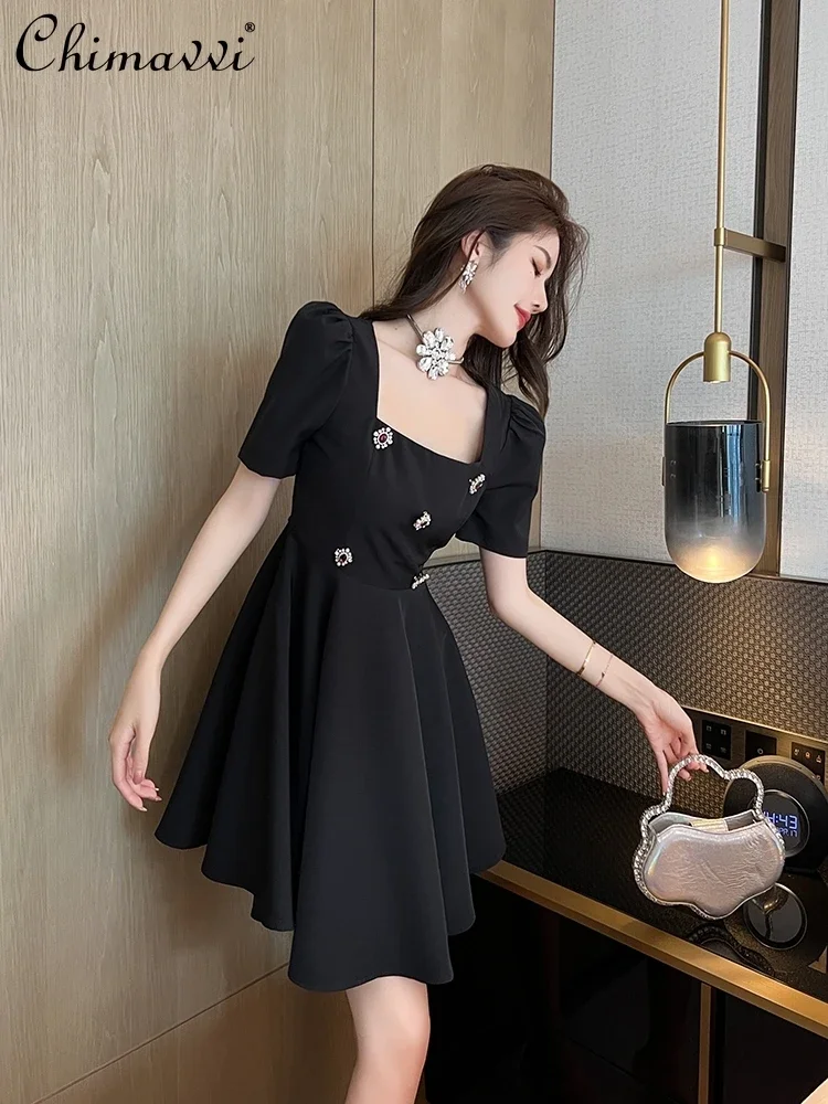 

French Hepburn Style Square Neck Short Sleeve Bead Buckle High Waist Slim Fit A-line Elegant Commuter Black Short Dress Women