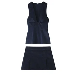 PB&ZA2024 autumn new women's fashion versatile corduroy sleeveless V-neck slim fit top and short skirt two-piece set