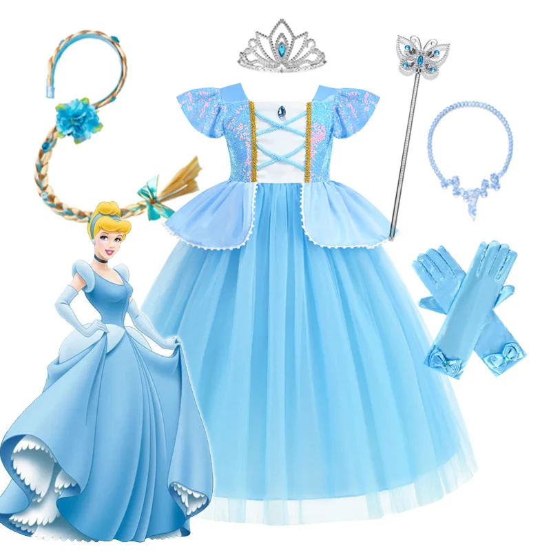 

Disney Cinderella Costume Kids Clothes for Girls Sequins Princess Dress Halloween Cosplay Carnival Birthday Party Ball Gown