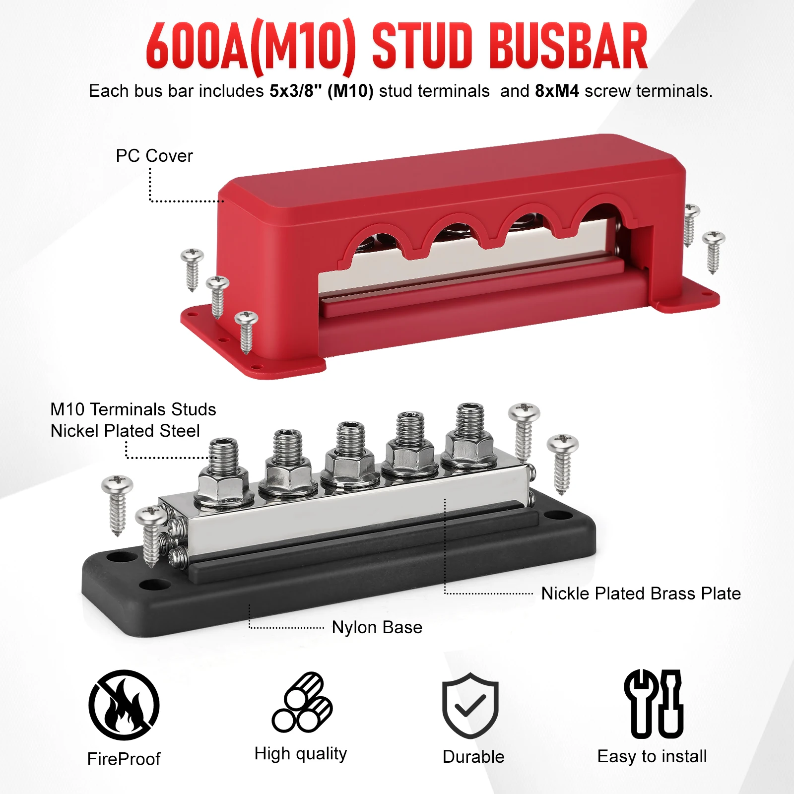 

600A M10 Studs 5 Terminal Positive Negative Terminal Block with Cover for Boat Car RV Battery Ground 48V Distribution Block DC