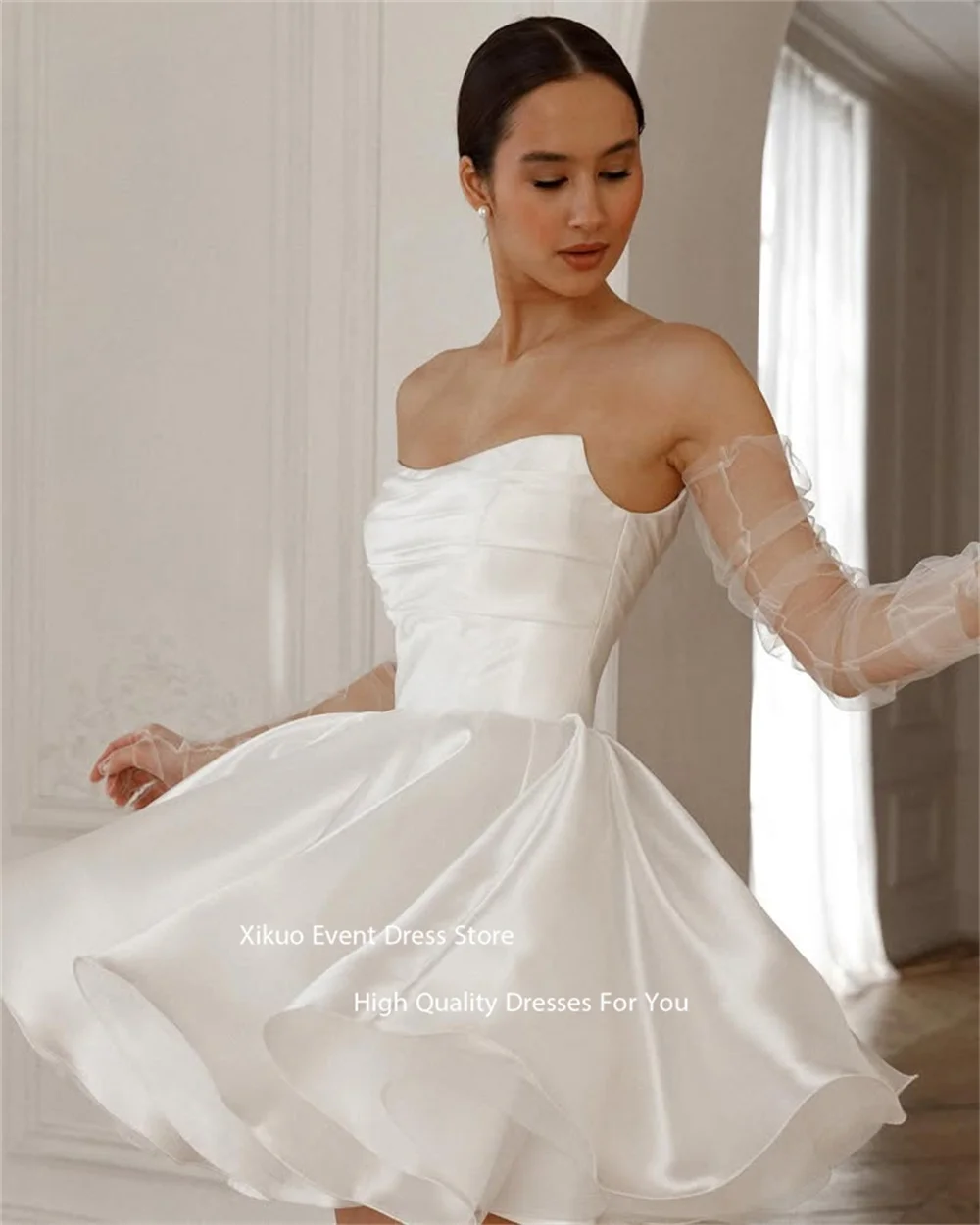 Xikuo Satin A-Linie Prinzessin Hochzeitskleid Plissee ärmellos zivile moderne Brautkleider gerafft schick Vestido De Novia angepasst