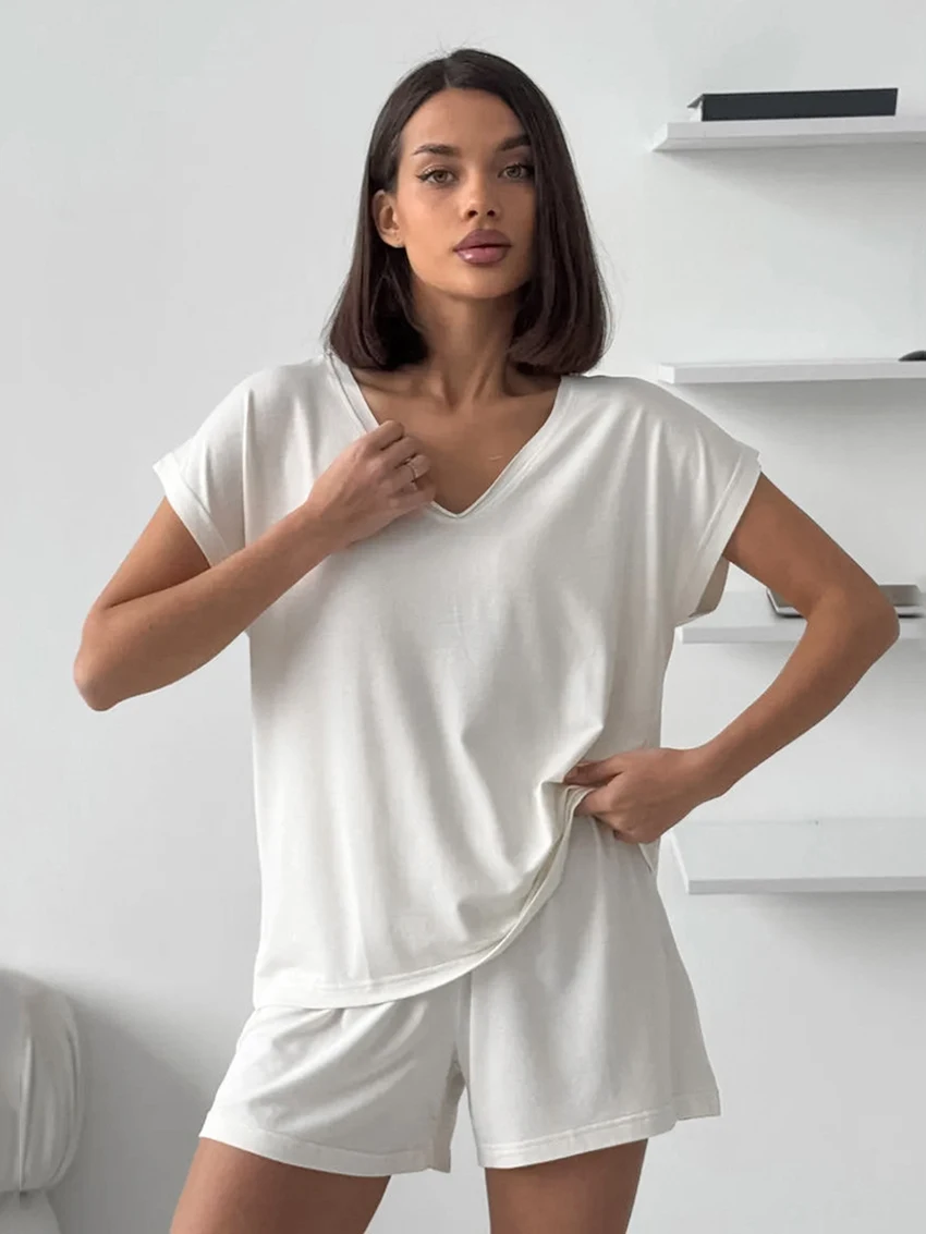 

Marthaqiqi Loose Ladies Sleepwear 2 Piece Suit Sexy V-Neck Nightgown Short Sleeve Nightwear Shorts Casual White Femme Pajama Set