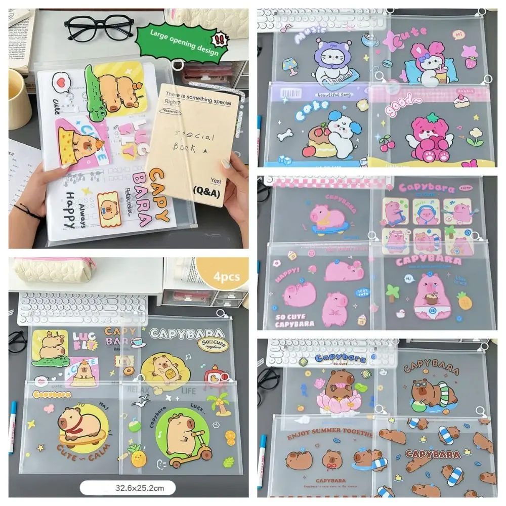 4PCS Large-capacity A4 Capybara Transparent File Bag Waterproof Zipper Students Information Bag Portable Loop Pull