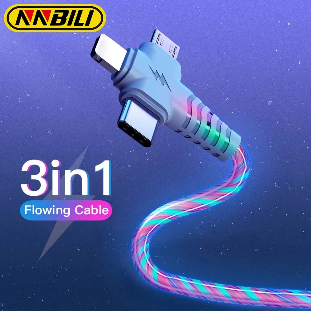 NNBILI 플로우 루미너스 LED IOS USB 케이블, 아이폰 14, 13 프로 맥스, 마이크로 USB C 타입 케이블, 삼성용 충전기 와이어 코드, 3 인 1