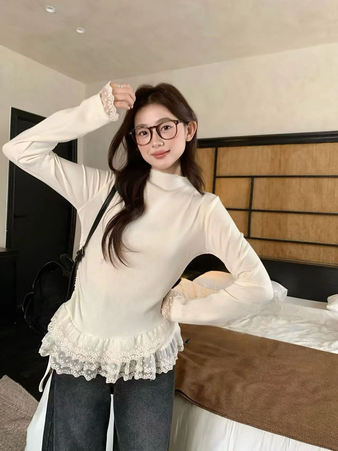 

Женская базовая футболка больших размеров с кружевной отделкой и шнурком irt 200 Pou Fat MM f, длинная хлопковая повседневная футболка с высоким воротником