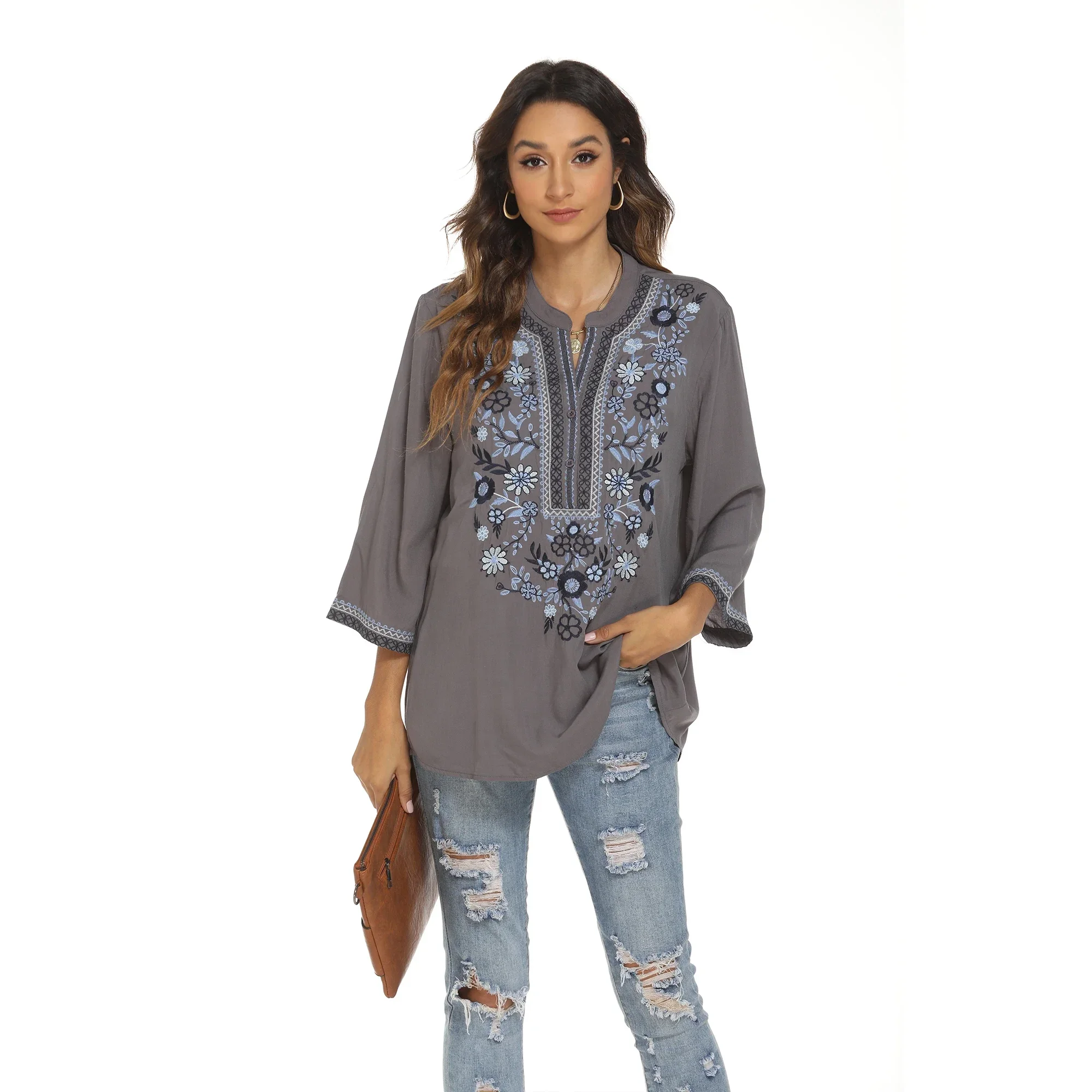 Eaeovni Bohemian Embroidered Tops For Women Cotton Peasant Shirts Boho Embroidered Loose Blouse