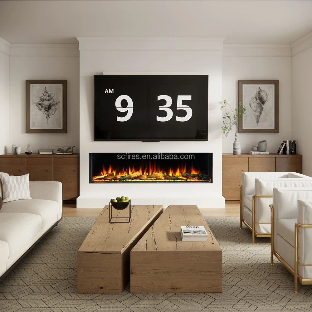 Luxury Series Modern 3 Sided Built-In Steel Electric Fireplace Heater With LED Light Smart WIFI For Tempered Glass 40-80inch