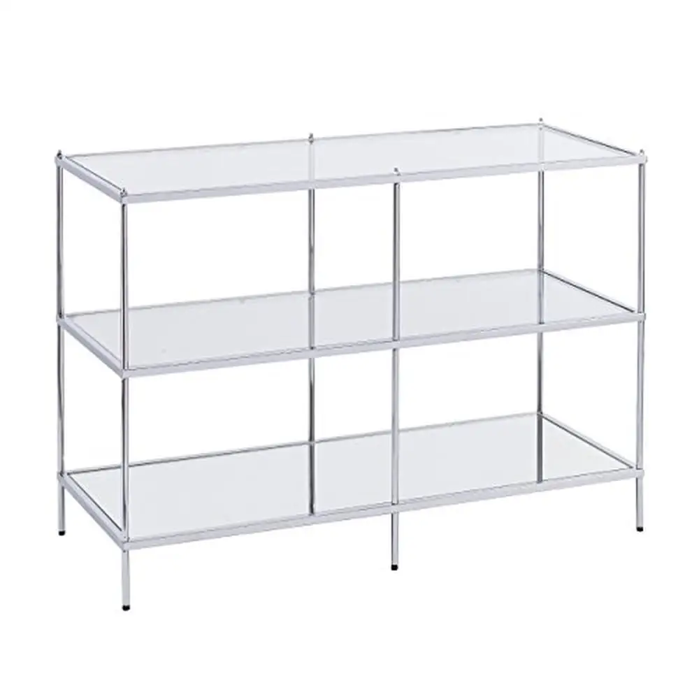 Mirrored Console Table with Glass Shelves Metallic Chrome Finish Glam Style