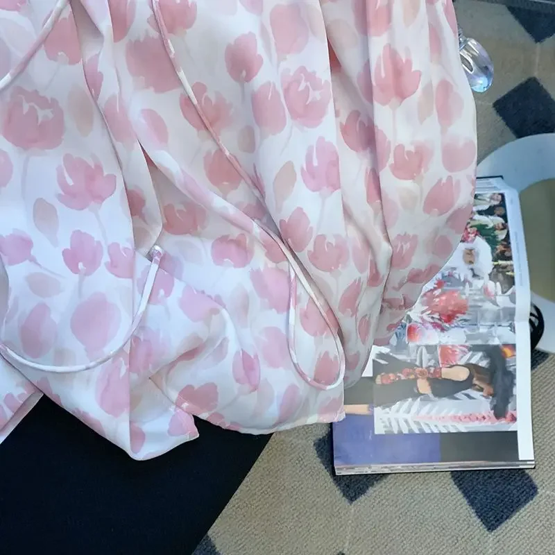 French Gentle Holiday Style Off-shoulder Floral Chiffon Shirt for Women in Summer New Design Ruffled Shirt