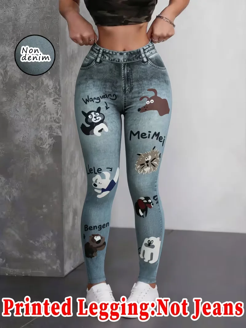Printed Legging‑Not Denim Fabric All‑over Faux‑Denim Printed Long Pants with Faux Pocket and Button Print Details. New‑Arrival