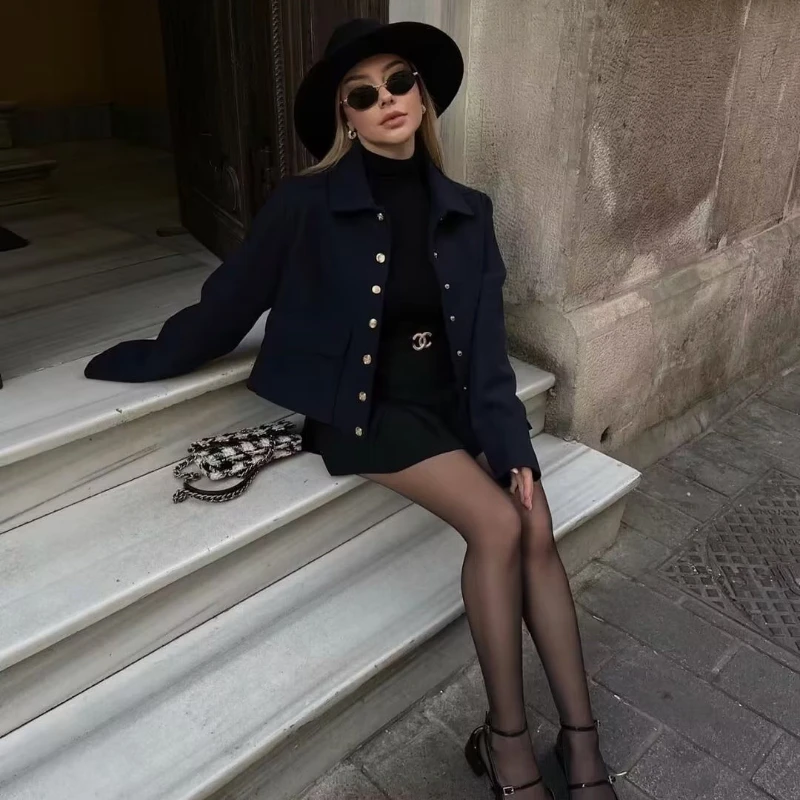 y2k Spring autumn Bomber jacket Women's Short coat clothes Lapel collar Long sleeves Large pockets Jacket