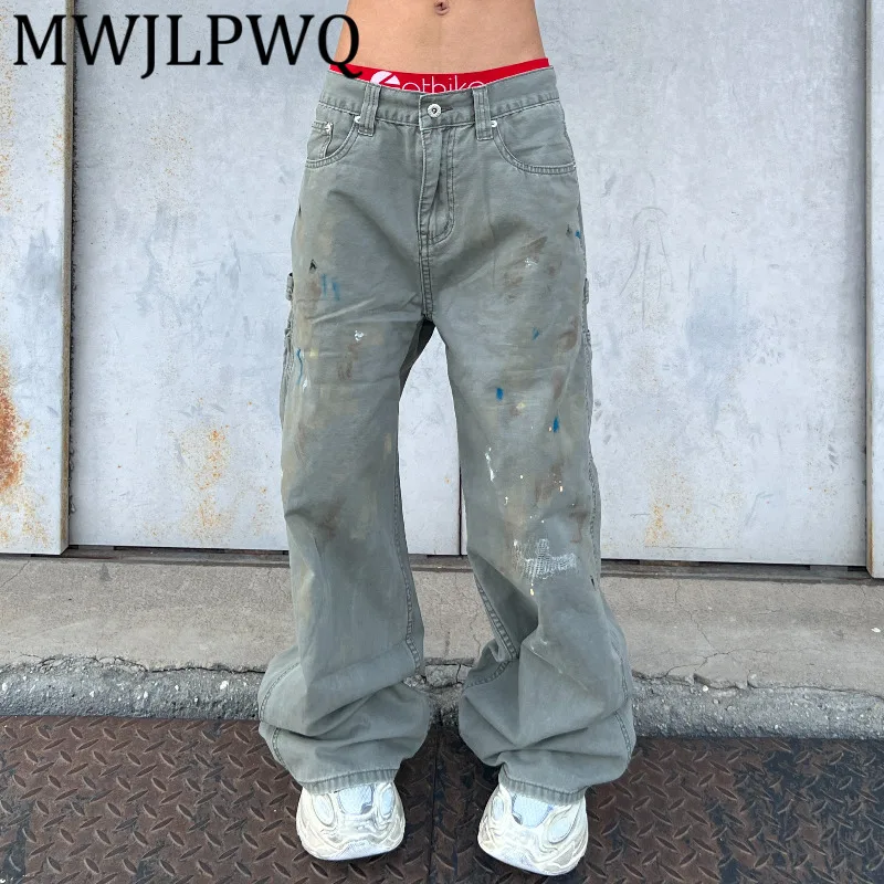 

MWJLPWQ American Style Washed Vintage Ink Splash Design Jeans Men's High Street Unisex Loose Straight Casual Long Pants 12479