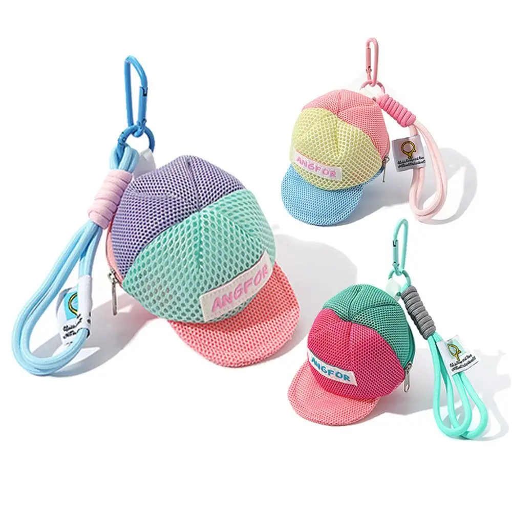Keychain Hat Shape Coin Purse with Handle Rope Decorative Portable Wallet Bag Zipper Closure Anti Loss Creative Hat Mesh Pouch