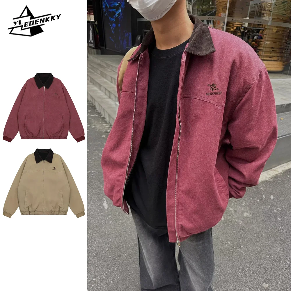 Vintage Cargo Jacket Men Women American Casual Loose Baseball Jersey Coat Wash Lapel Loose Streetwear Spring Autumn Couple Tops