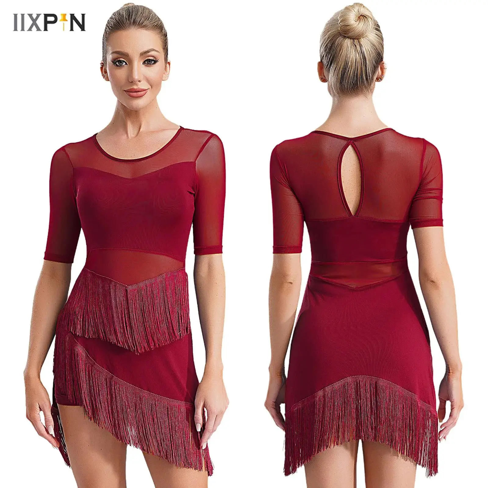 2Pcs/Set Womens Latin Dance Dresses Stage Performance Costume Sheer Mesh Patchwork Half Sleeve Irregular Fringe Dress + Shorts