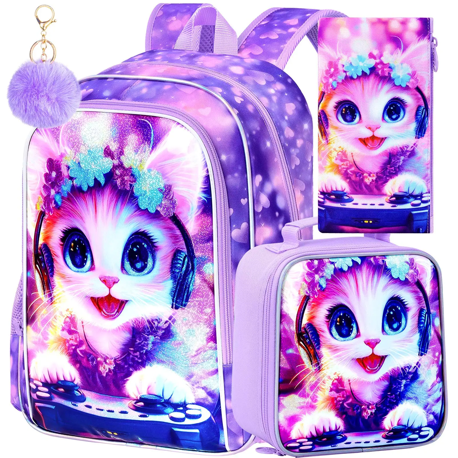 

3PCS Cat Bookbag for Kids, Girls School Bag with Lunch Box, 16" Preschool Backpacks for Elementary - Purple Cat Play Game