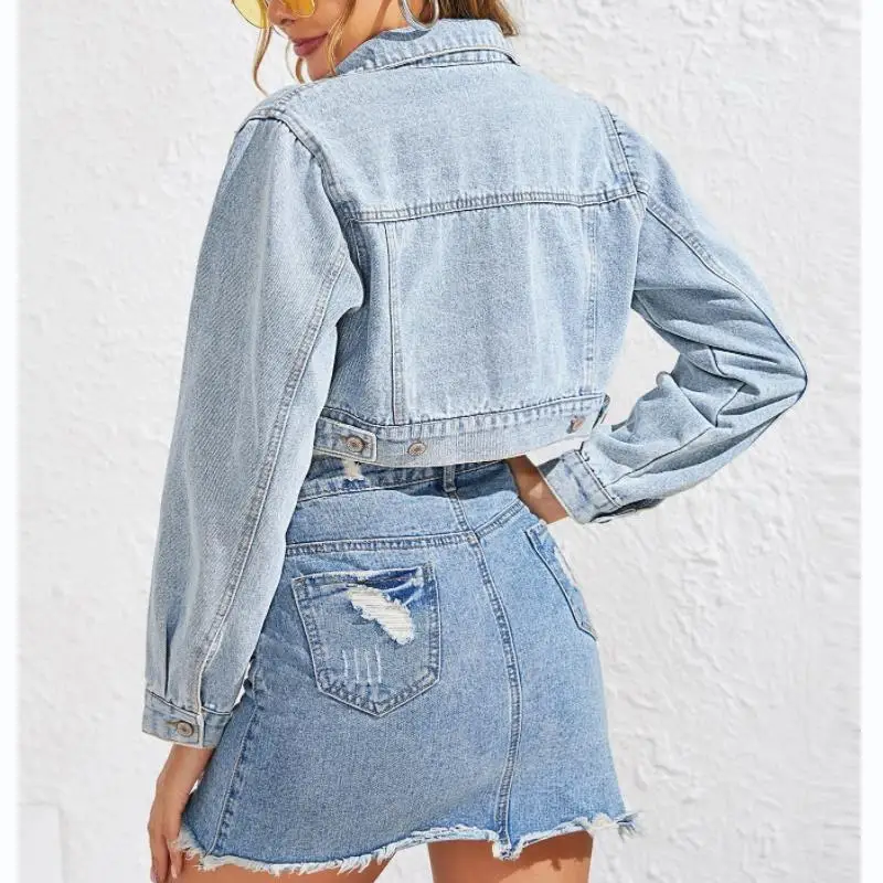 Damen Frühling Herbst lässig Jeans mäntel Langarm Knopf kurz geschnittene Jeans modische einreihige zerrissene Jacken