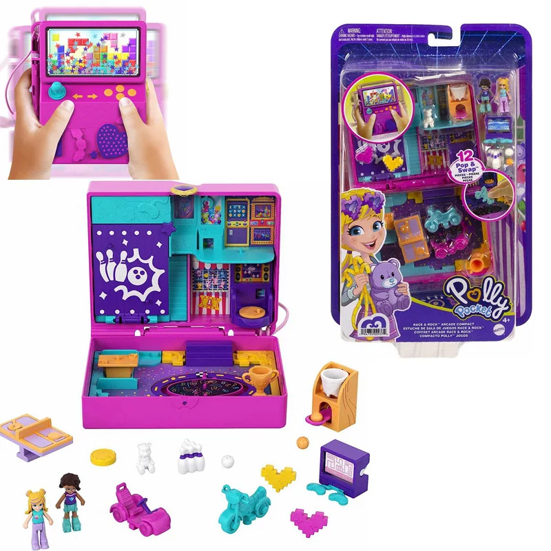 Polly Pocket Compact Playset, Race & Rock Arcade avec 2 micro-poupées et accessoires, Jouets de voyage avec surprise, Révélation des cadeaux de vacances