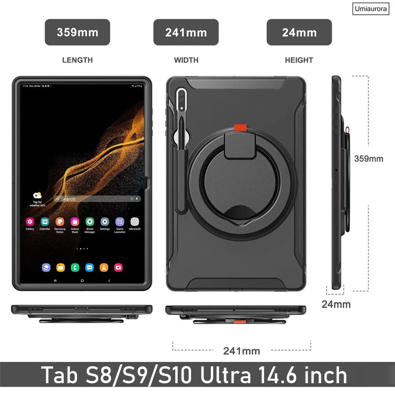 

For Samsung Tab S8 S9 S10 Ultra 14.6 inch SM-X920 SM-X910 SM-X900 Shockproof Silicon PC Tablet Case Pull Ring Stand Armor Funda