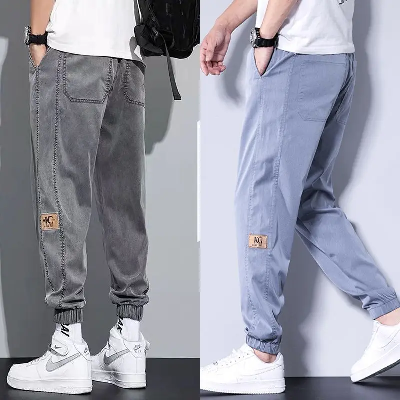 Work Pants for Men New Tencel Joggers Jeans Summer Thin Harun Leisure Loose Trend Nine Points Pocket Elastic Waist Solid