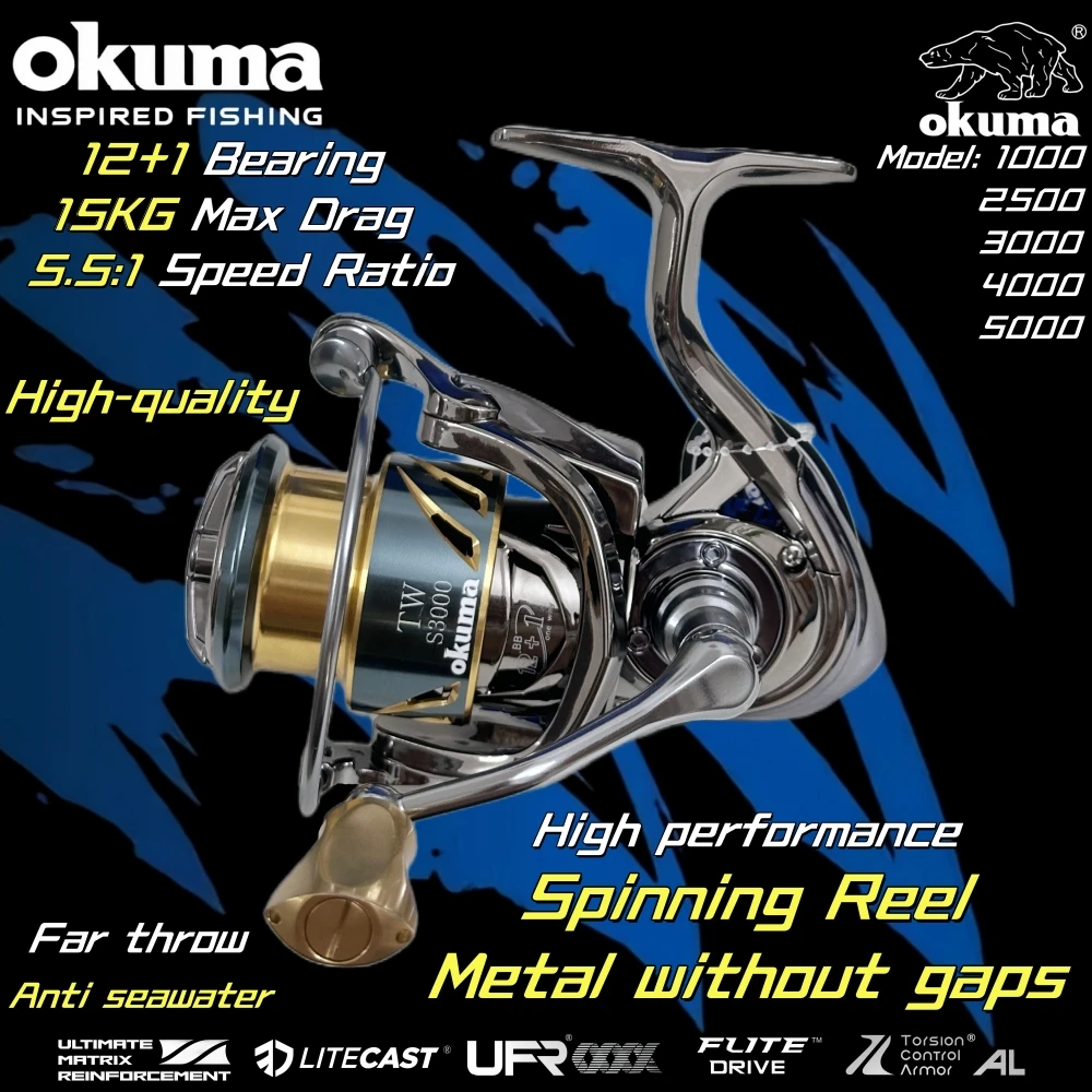 Imagem -02 - Carretilhas de Pesca Okuma 10005000 com Desempenho de Metal Arrasto Máximo de 15 kg Rolamento 12 Mais Relação de Engrenagem 5.5:1 Linha de Pesca de Presente